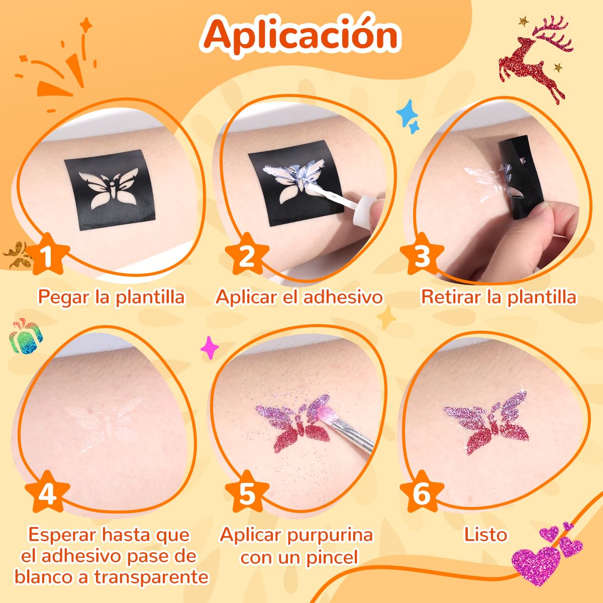 Bledras Kit de Tatuajes Temporales para Niñas, 31 Colores Brillo, 6 Rotuladores Tatuajes Niños, con 178 Plantillas, Halloween, Anime, Cosplay, Conciertos, Festivales, Carnaval, Pintura Facial — view 7