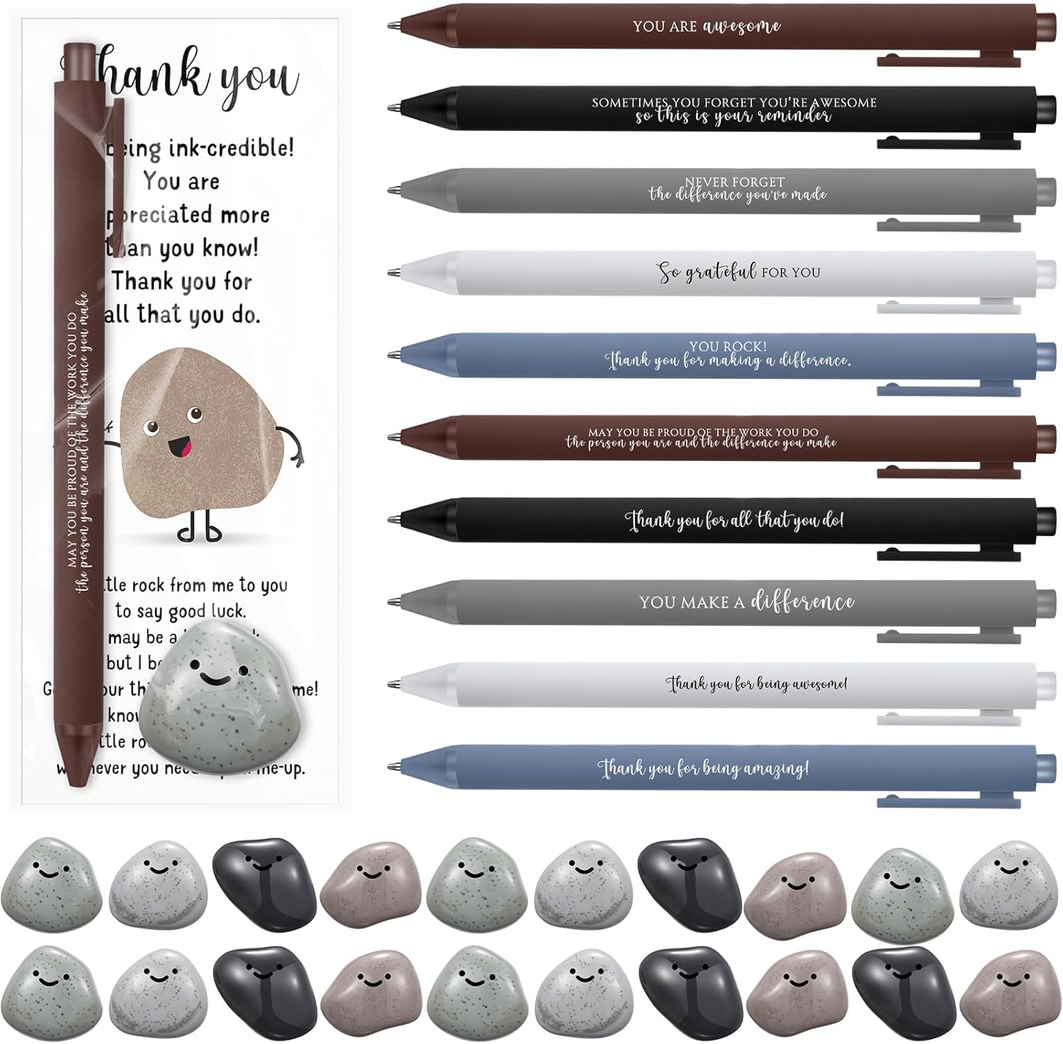 Dunzoom 60 Sets You Rock Motivational Employee Appreciation Gifts Funny Inspirational Ballpoint Pens Thank You Cards Smile Rock Resin Stone Inspirational Funny Pens for Coworker Staff Team Volunteer