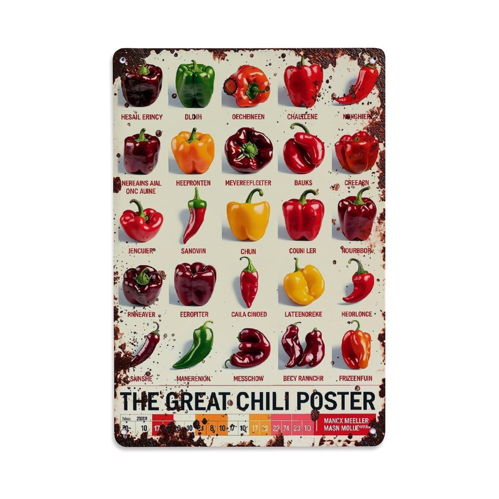 Jdfenggu Vintage Chili Pepper Varieties Displayed Colorfully Retro Metal Tin Sign, Decor Art Poster For Bar, Home, Man Cave, Kitchen, Laundry Room Gift 8X12inch