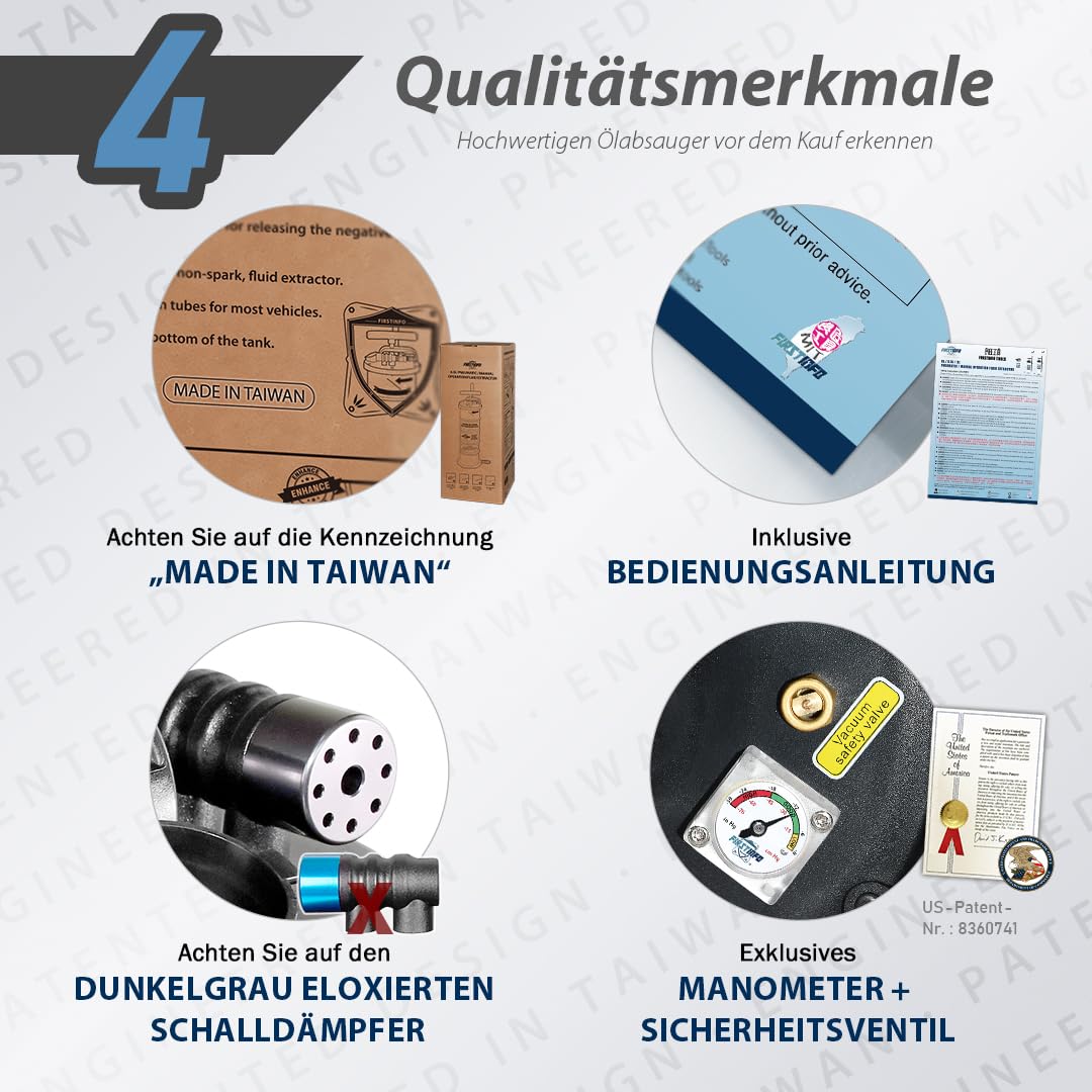 FIRSTINFO A1108EUY5 Patented Taiwan 3. Generation 9 L Hergestellt in Taiwan | Ölabsaugpumpe pneumatisch & manuell, patentiert, mit Manometer, 130 cm Schlauch, 5 Leitungen inkl. extra dünner Schlauch
