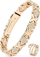 Feraco Pure Copper Magnetic Bracelet & Ring for Women - 3800 Gauss Neodymium Magnets, Cubic Zirconia Clover Design, Adjustable Therapy Jewelry