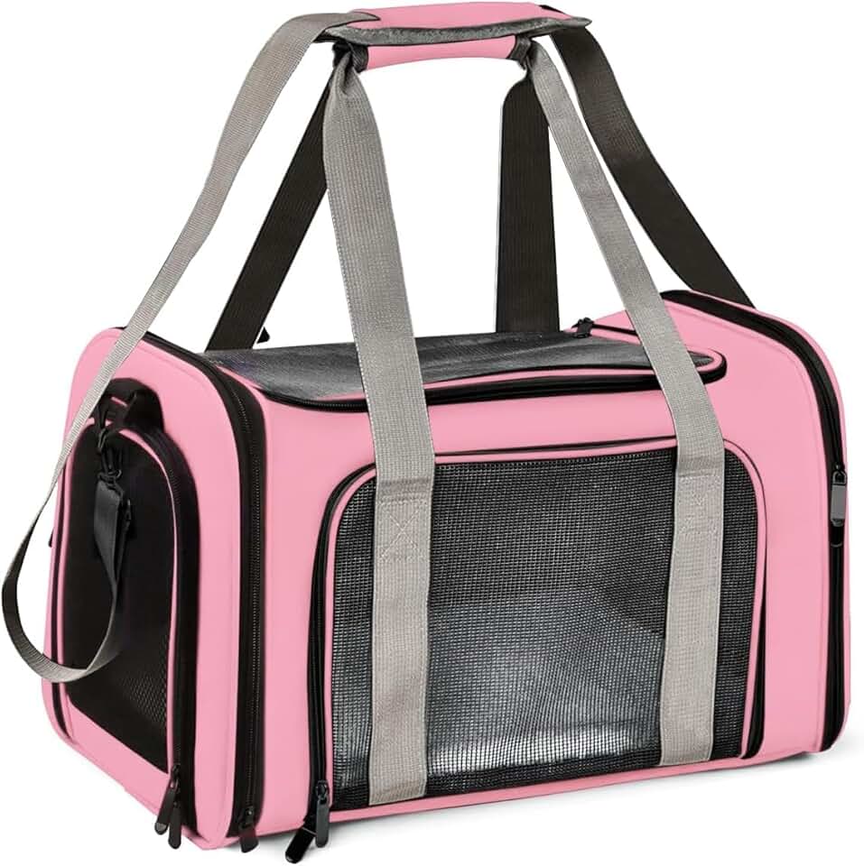 Bolsa de Transporte para Cães e Gatos até 14kg — Aprovada para Cabine de Avião, Tela Respirável 360°, Tapete Removível, Alça de Ombro, Resistente, Rosa