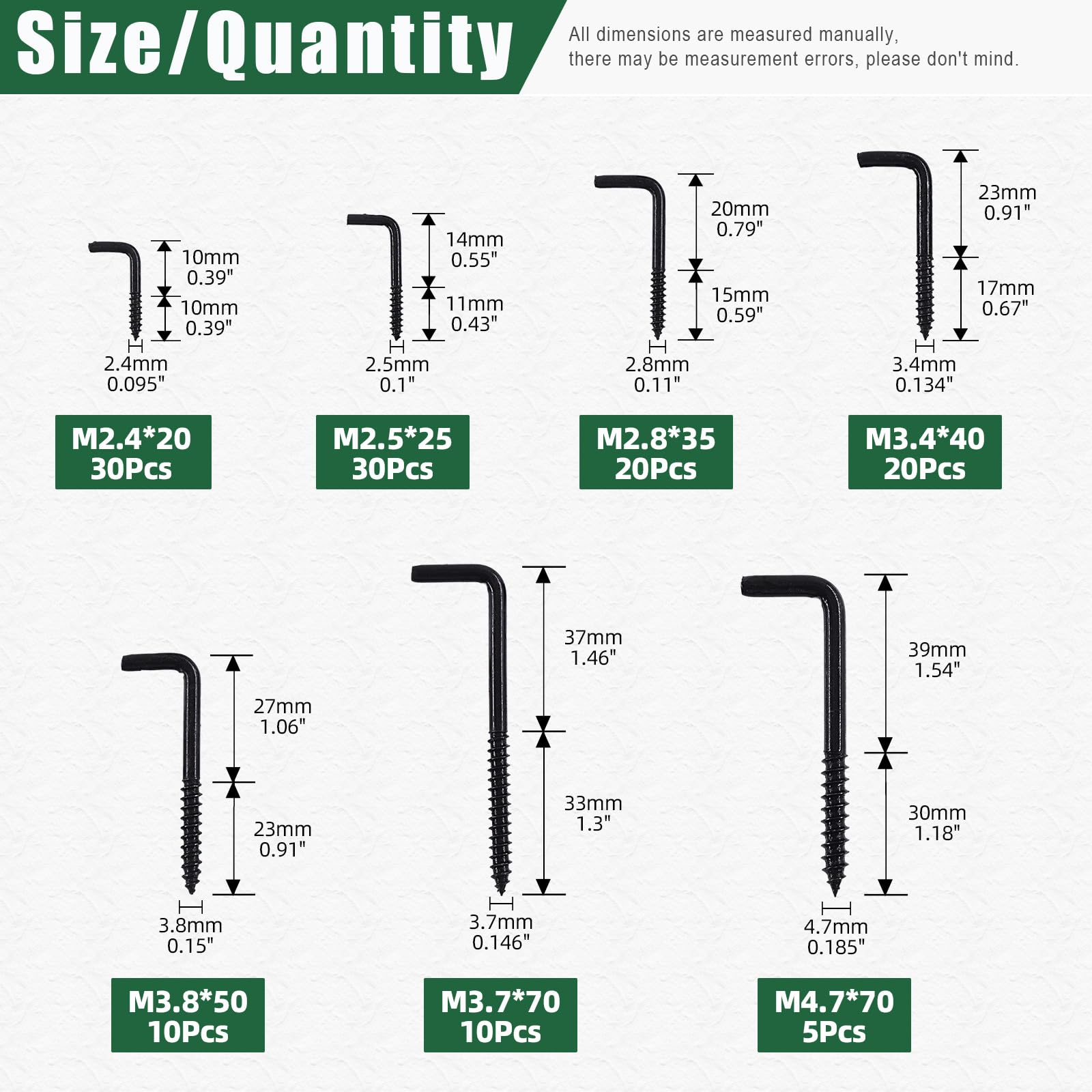 Keadic 125 Pcs Black Brass Plated Metal Screw-in Square Bend Hooks Kit Without Padding, Self-Tapping Screws Hooks - Image 2