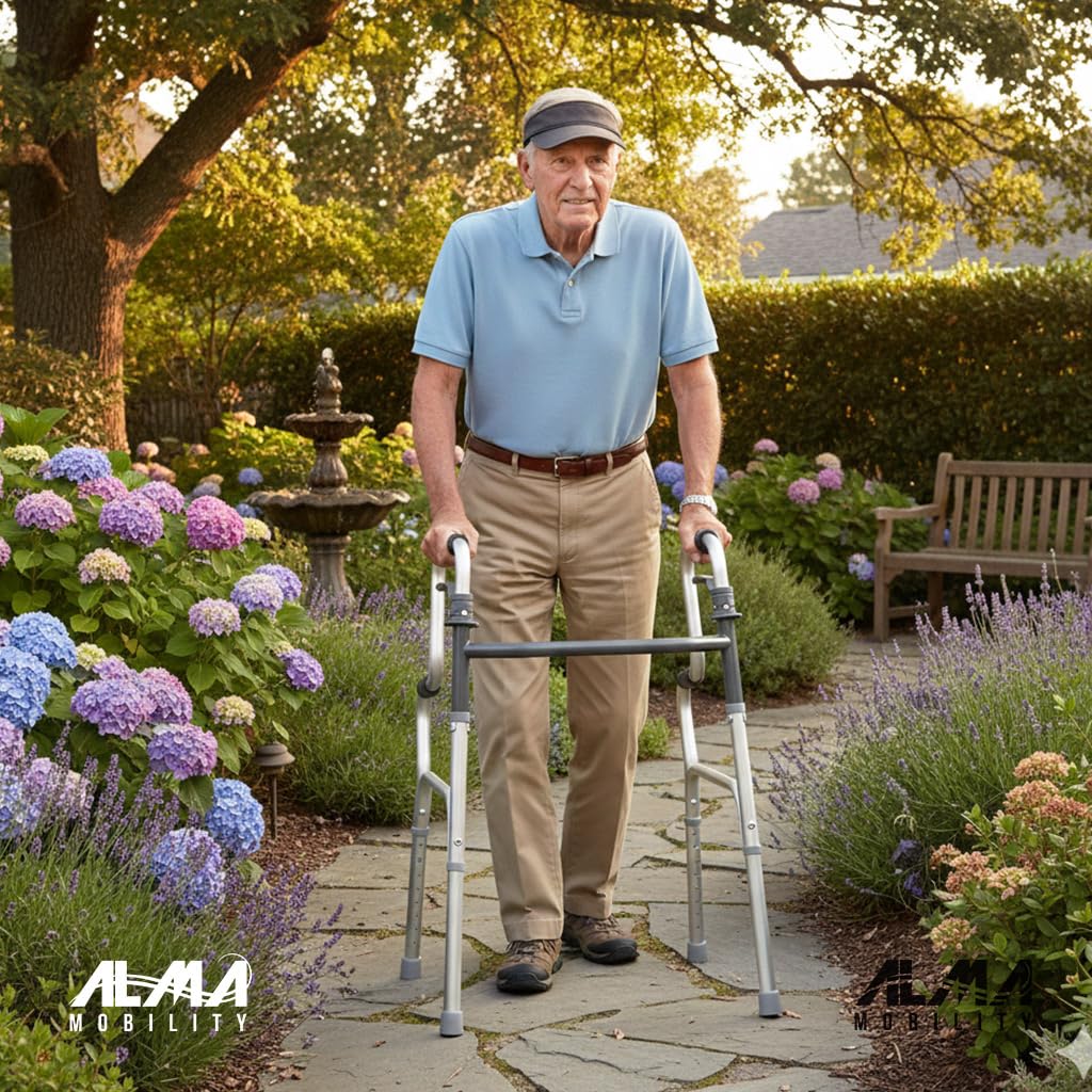ALMA Andador para Ancianos de Dos Niveles Andador, Incorporador Plegable de Aluminio, Sin Ruedas, Ajustable en Altura, con Ayuda para Levantarse y Empuñaduras Anatómicas, Adultos y Personas Mayores