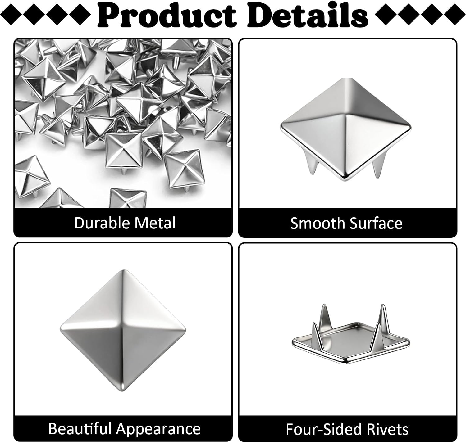 cobee 200Pcs Silver Studs, Square Pyramid Studs for Clothing, Punk Rock Clothings Stud and Spikes Metal Stud Rivets, Clothings Accessories for Clothing Bag Leather Jewelry DIY Craft