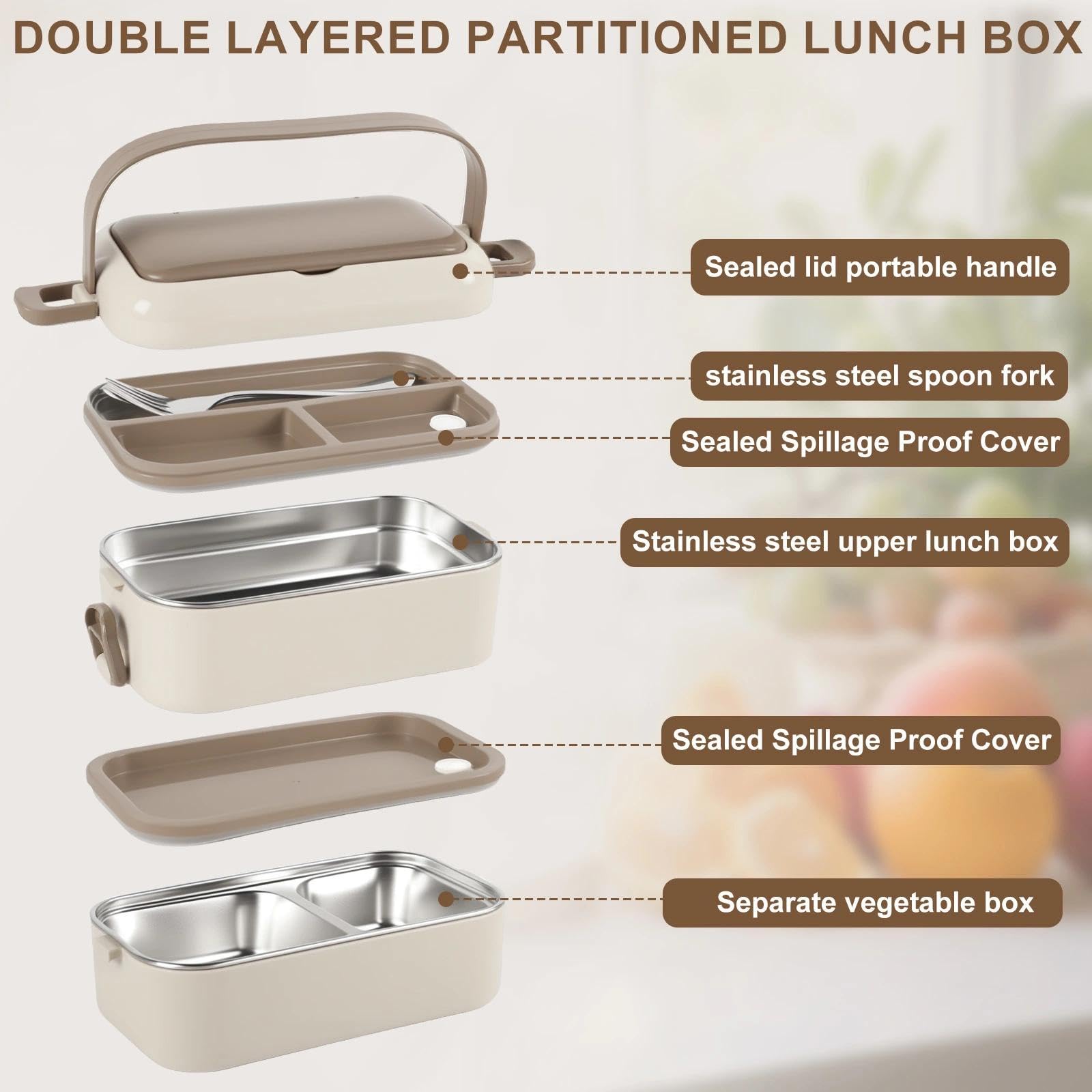 Porta Pranzo Lunch Box con Posate Portapranzo in Acciaio Inossidabile Schiscetta Pranzo Ermetico Bento Box Porta Pranzo per Picnic Scuola Uffici Adulto Bambini Portamerenda (Cachi)