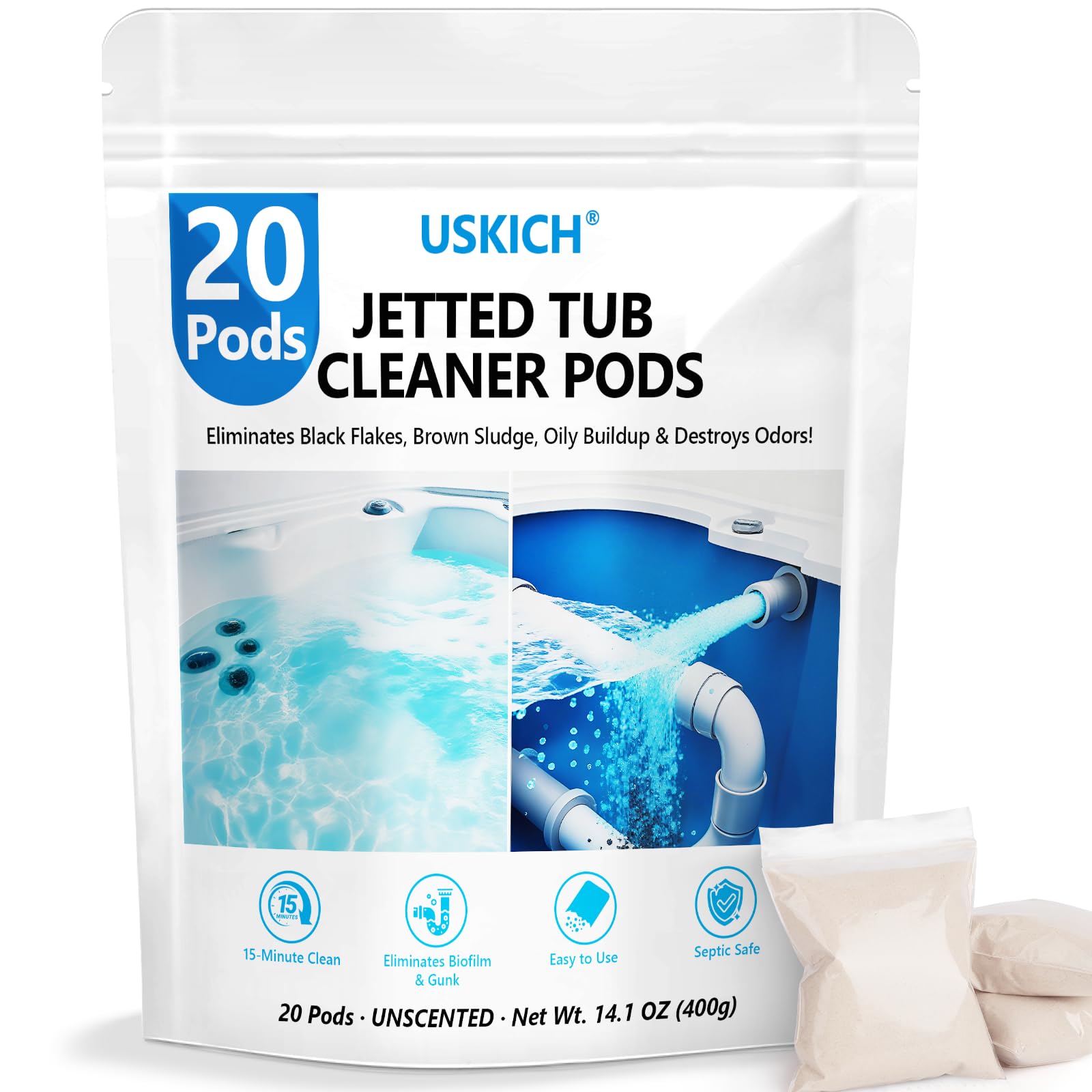 USKICH 20 Pods Jetted Tub Cleaner Bathtub- Jet Bathtub Cleaner Jetted Tub Cleaning Solution Compatible with Spa Bath