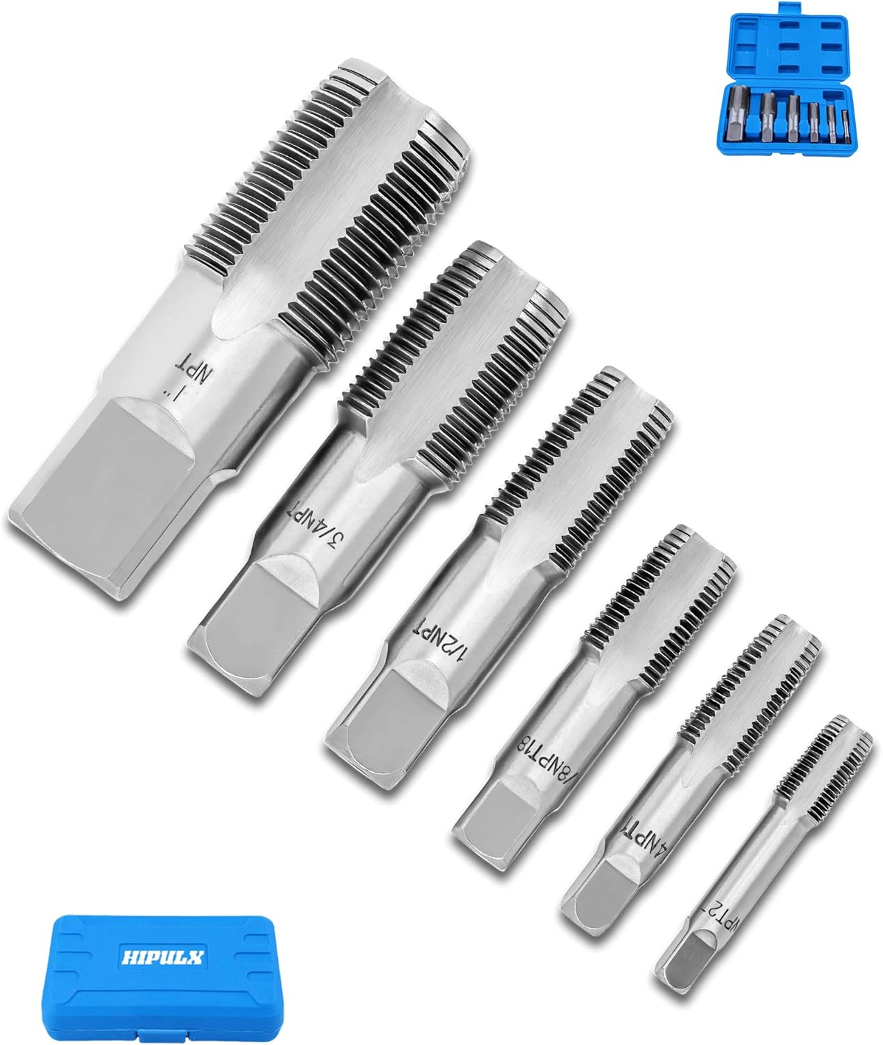 1/8", 1/4", 3/8", 1/2", 3/4", 1" NPT Tap Set, GCr15 Threading Plumbing Tap Set for Accurate Threads with Storage Box | 4-Flute Fast Chip Removal for Plumbers Mechanics DIY Thread cutting tools