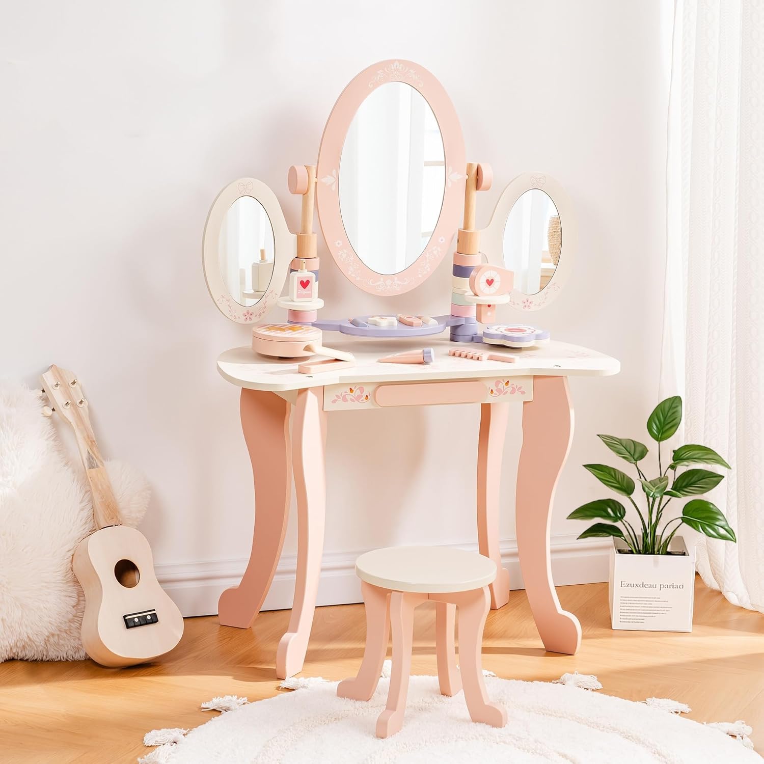 ROBOTIME Kids Vanity Set with Mirror and Stool – Wooden Pink Makeup Table with 11 PCS Accessories – Play Beauty Dresser with Mirrors, Drawer– Kids Vanity Table and Chair Set for Girls Ages 3+