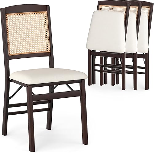 KOTEK Juego de 4 sillas de comedor plegables, sillas de cocina de madera con asiento acolchado y respaldo de ratán, sillas laterales plegables sin