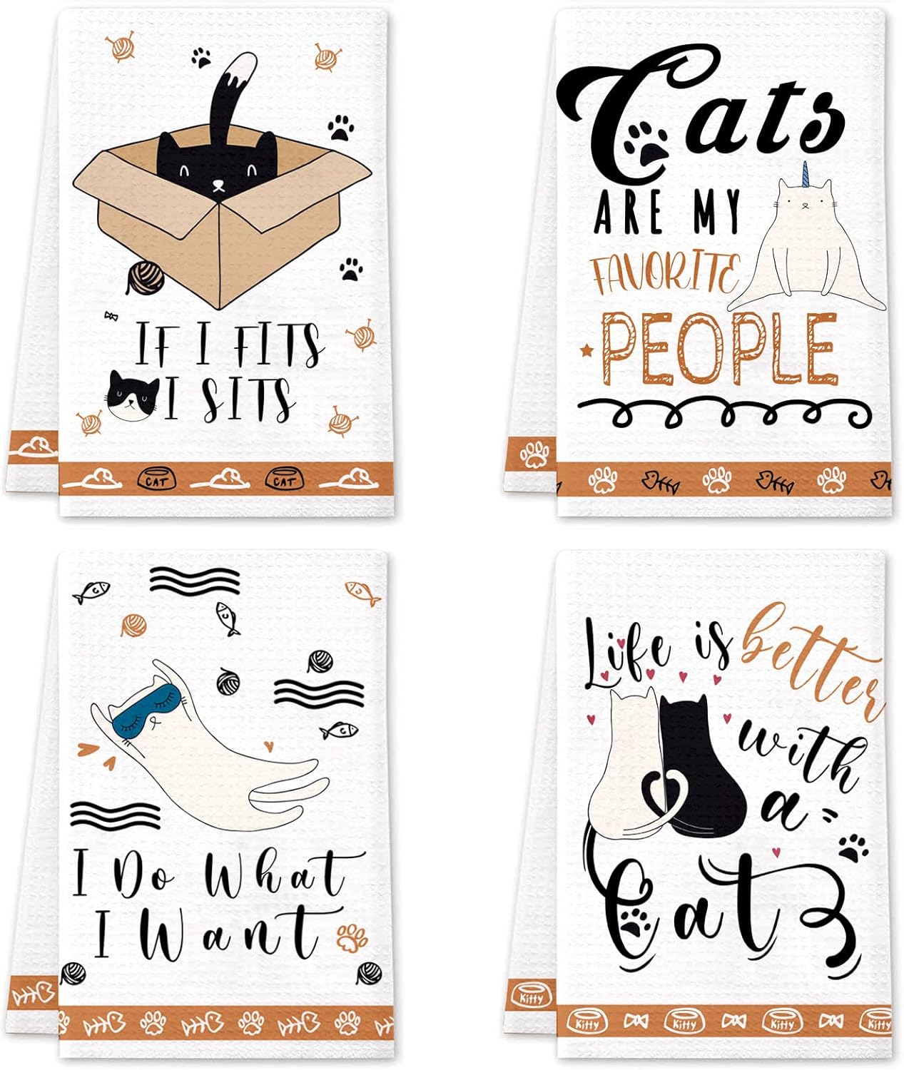 Cat Kitchen Towels Set of 4 Funny Decorative Hand Towels Absorbent Drying Tea Dish Towel for Cooking Baking Home Decorations,16 X 24 inches