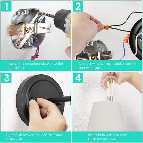 Miniatura 8 de ShineTech Wall Sconces Set of 2, Retro Industrial Bathroom Vanity Sconces, Linen Fabric Shade, Hardwired Wall Mounted Lamps for Bedroom Living Room