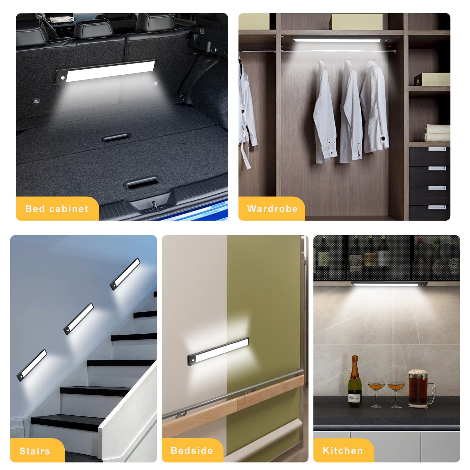 68 LED-Bewegungsmelder-Unterschrank-Lichter, 3 Farbtemperaturen, dimmbar, wiederaufladbar, kabellos, Magnetstreifen, Nachtlicht für Flur, Treppenhaus, Schubladen, Kleiderschrank (2 Stück, 25,4 cm)