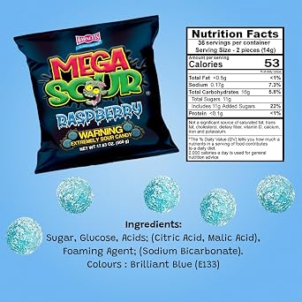 Barnetts - Mega Sour Candy Raspberry 500g - Trendy Sweet Bags - Traditionally Handmade Sweets - Sour Coating Lasts 20 Seconds - Candies for Party Bag, Gift Hamper, or Hamper Box