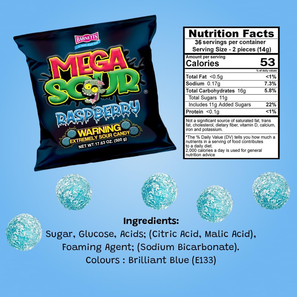 Barnetts Mega Sours Raspberry 500 gram bag (1/2 Kilo) by Barnetts