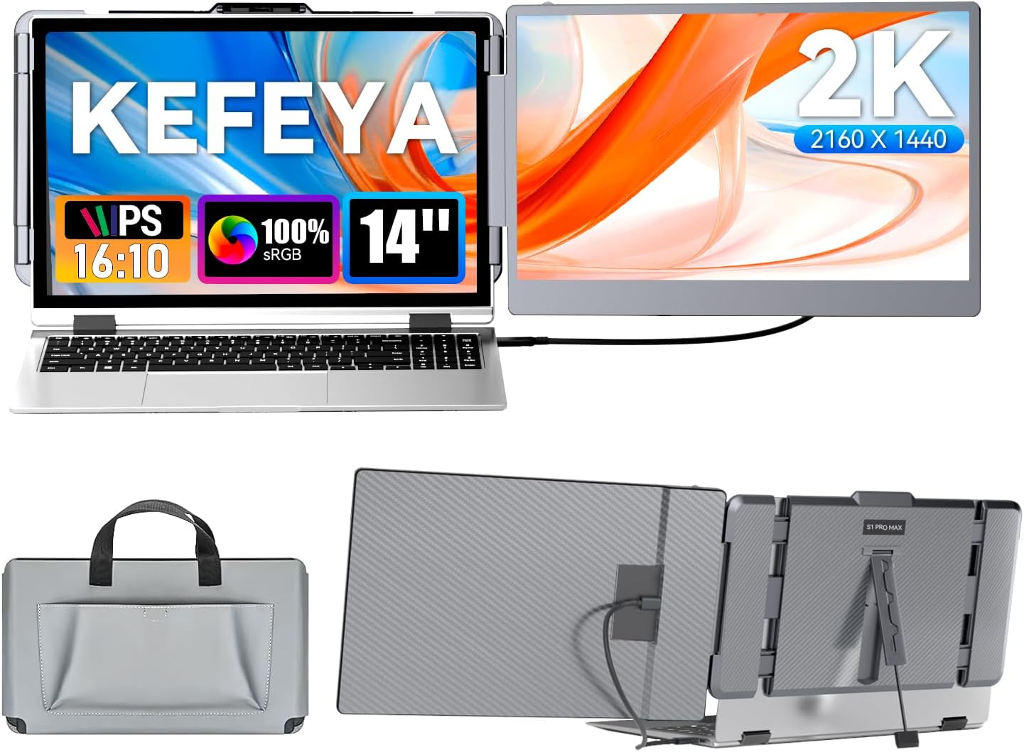 KEFEYA Laptop Screen Extender 2K, 2160x1440 QHD Laptop Monitor Extender Dual Screen, 14” Portable Monitor for Laptops 13-17" with USB-C/HDMI Port, Plug n Play for Windows/Mac/Android/Switch/PS5