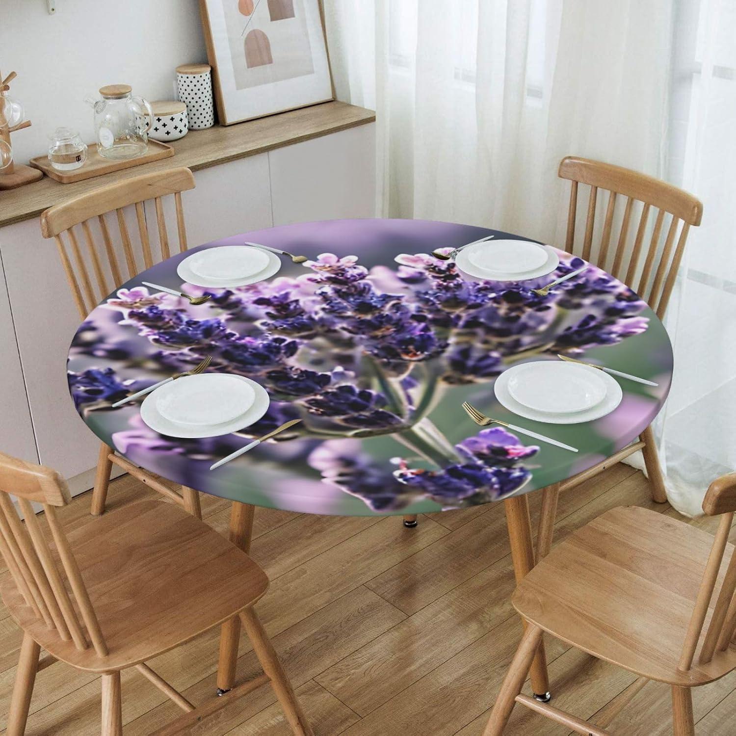 Lavender Flower Print Outdoor Patio Kitchen Decor Supplies Wipeable Round Table Cloth for Indoor Outdoor