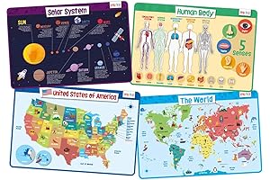 Merka Educational Placemats for Kids (4pk): Solar System, Human Body, World Geography, and USA Map