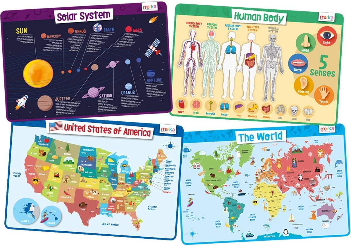 Kids Educational Placemat Set 4-Pack - 17 x 11 in Multicolor Silicone - Washable & Reusable with Secure Grip Backing - Map Placemats for Kids, Solar System, Human Body, World & US Map