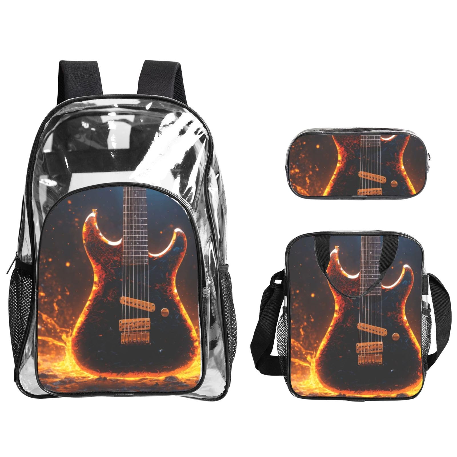 Gitara elektryczna nadruk przezroczysty plecak zestaw unisex 3-częściowy przezroczysty torba na lunch piórnik podróżny na zewnątrz