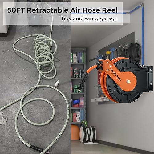 Miniatura 2 de Giraffe Tools TA15BPLUS Carrete de manguera de aire retráctil con soporte giratorio Manguera híbrida de 38 pulgadas x 50 pies, carrete de manguera