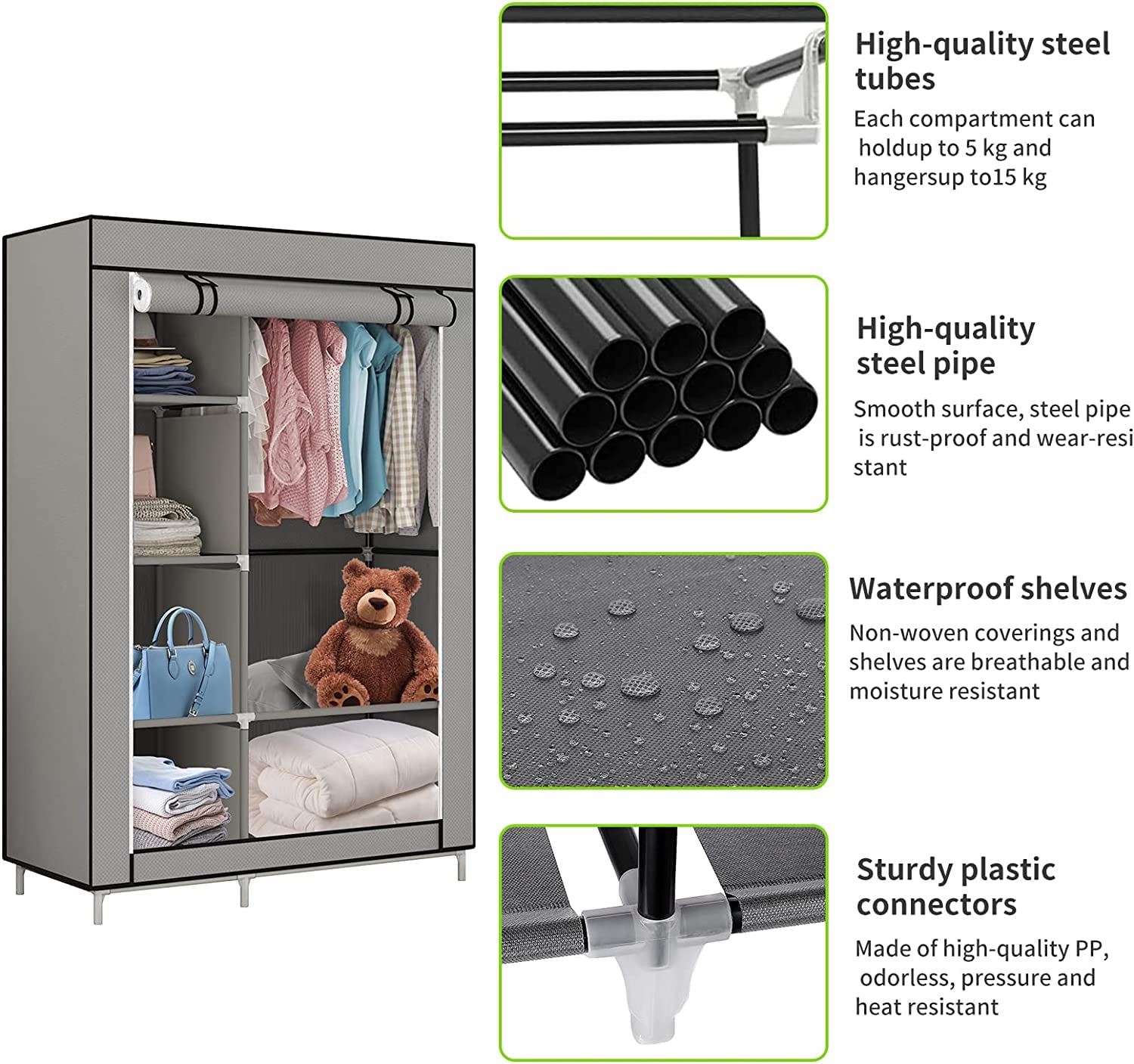 LANTUS Armoire de Rangement Pliable– Penderie Dressing Textile en Tissu Intissé avec Fermeture à Glissière – Garde-Robe Placard Camping(105 * 45 * 170cm-gris foncé)