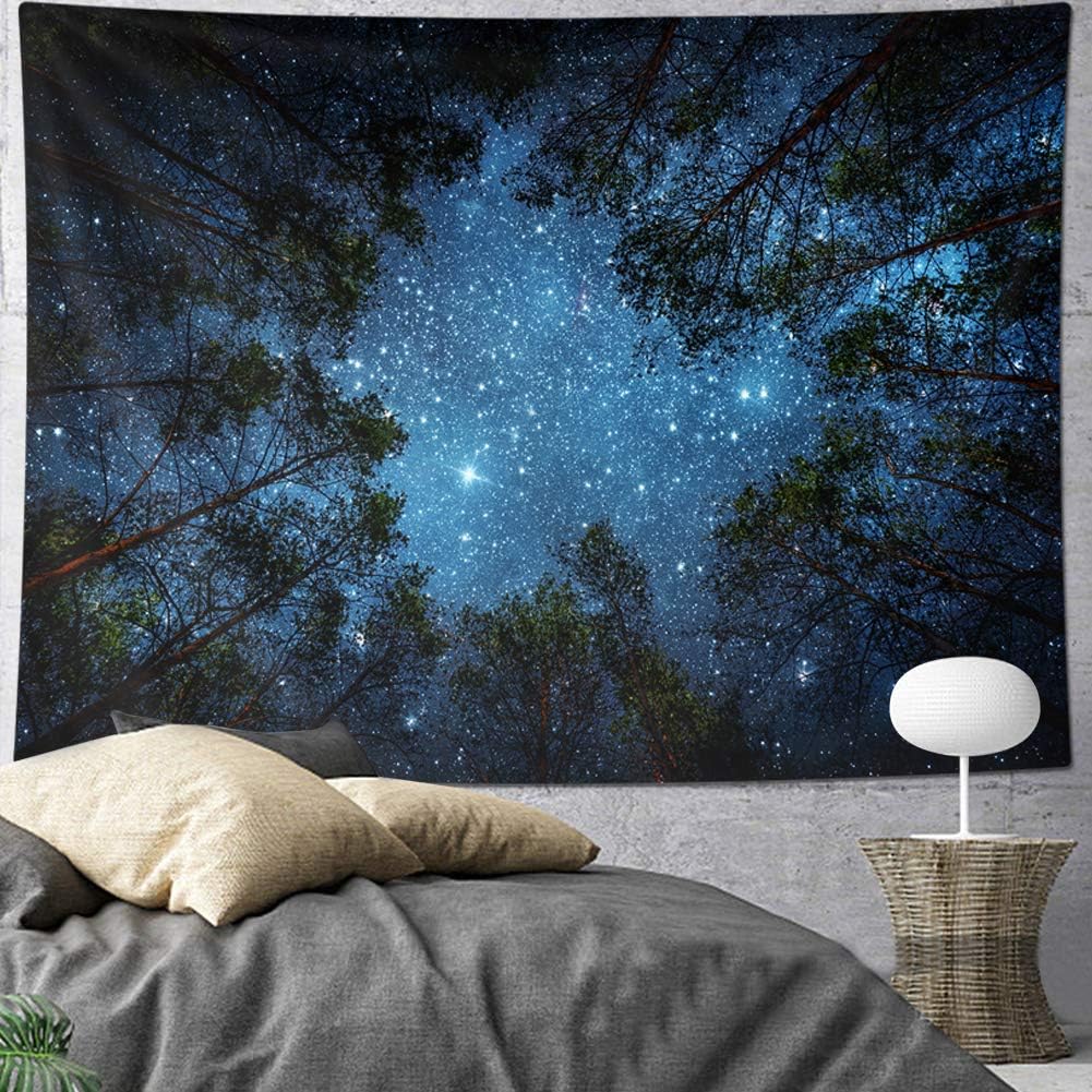 HOMKUMY Starry Wall Tapestry, 3D Printing Forest Starry Night Tapestry Star Tree Tapestry Psychedelic Indian Wall Hanging Tapestry for Home Decor Bedroom Living Room, Extra Large 91x71 Inches