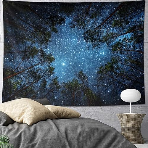 Miniatura 4 de HOMKUMY Tapiz de pared estrellado, tapiz de noche estrellada de bosque con impresión 3D, tapiz de árbol de estrella, tapiz psicodélico indio para