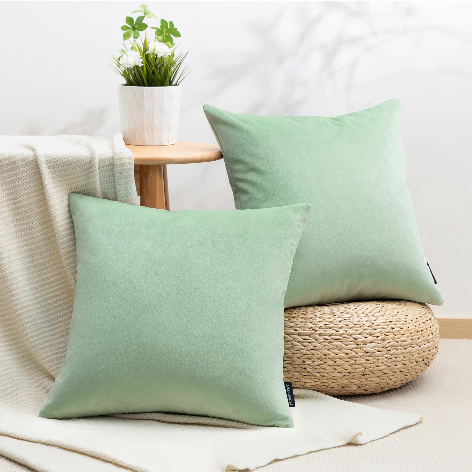 Phantoscope Pack of 2 Velvet Decorative Throw Decorative Pillow Cover Soft Solid Square Cushion Case for Couch Sage Green 20 x 20 inches 50 x 50 cm