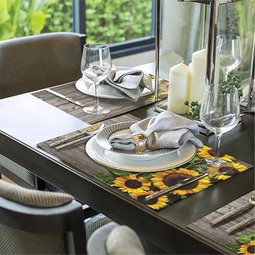 Miniatura 5 de Juego de 6 manteles individuales de madera de girasol, manteles individuales cuadrados para mesa de cocina, resistentes al calor, fáciles de
