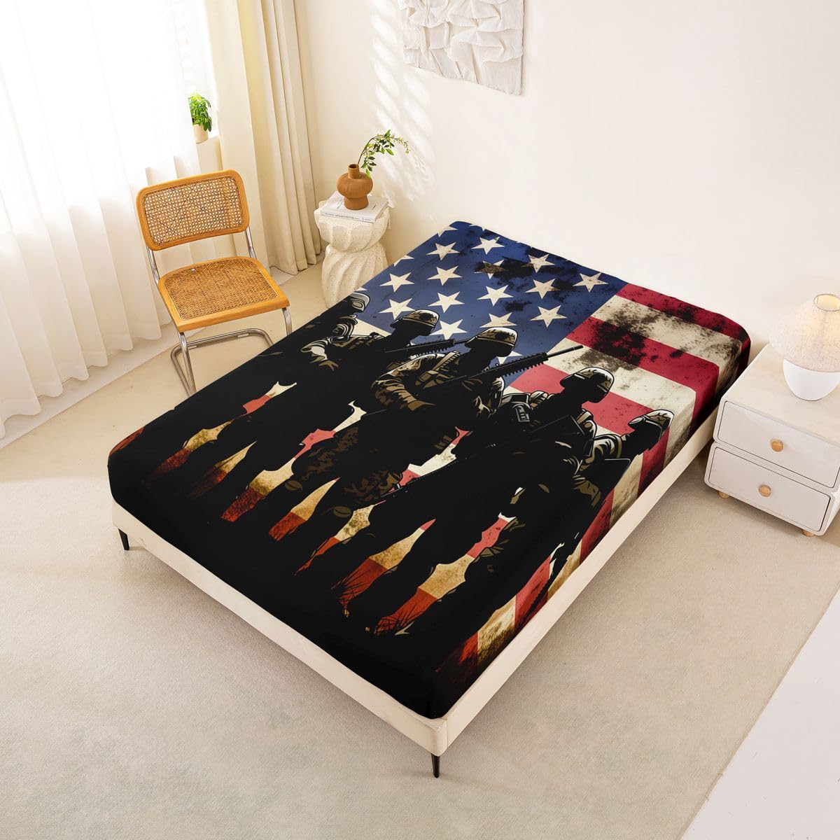 Homemissing Sábana bajera ajustable con diseño de bandera estadounidense, tamaño King, para niños y niñas, con bolsillo profundo de 16 pulgadas, con 2 fundas de almohada, decoración de habitación