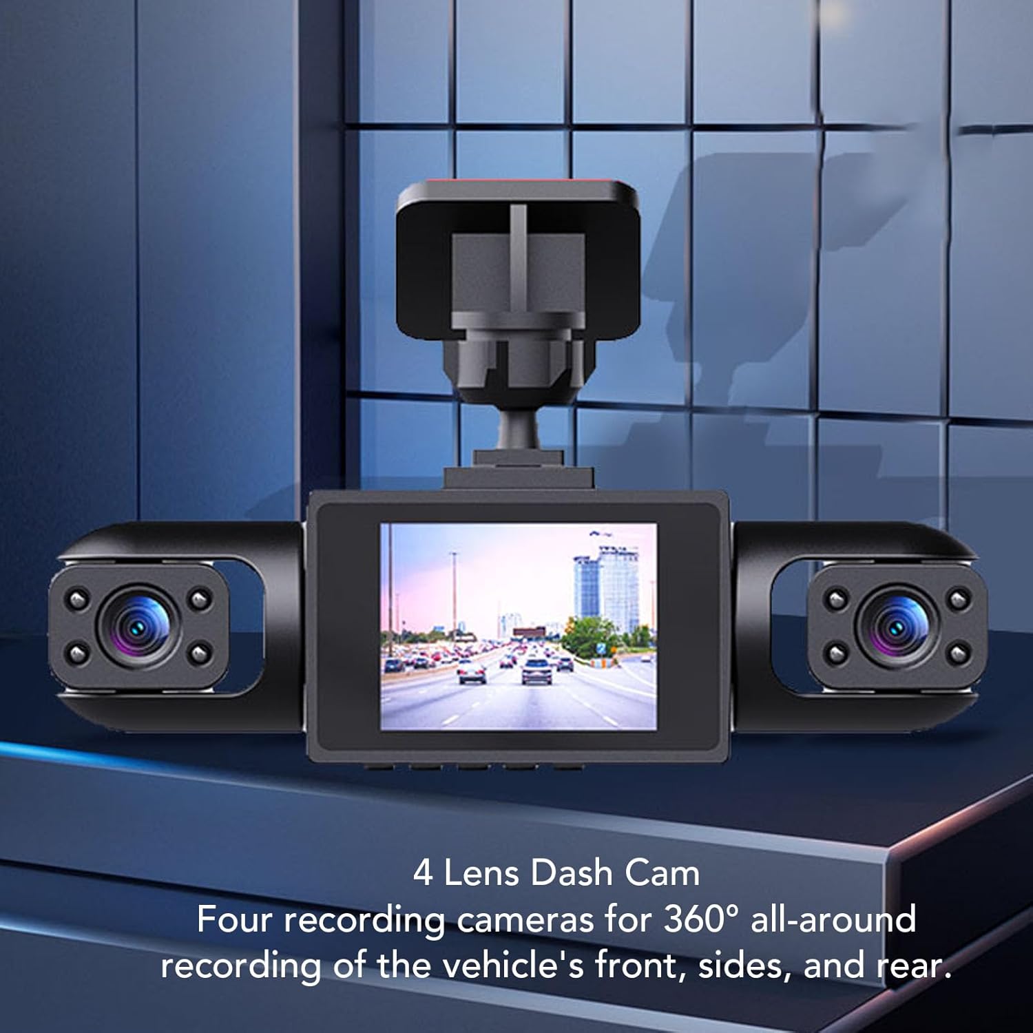 Diagram illustrating the four-camera setup for 360-degree recording, showing front, left, right, and rear camera views.