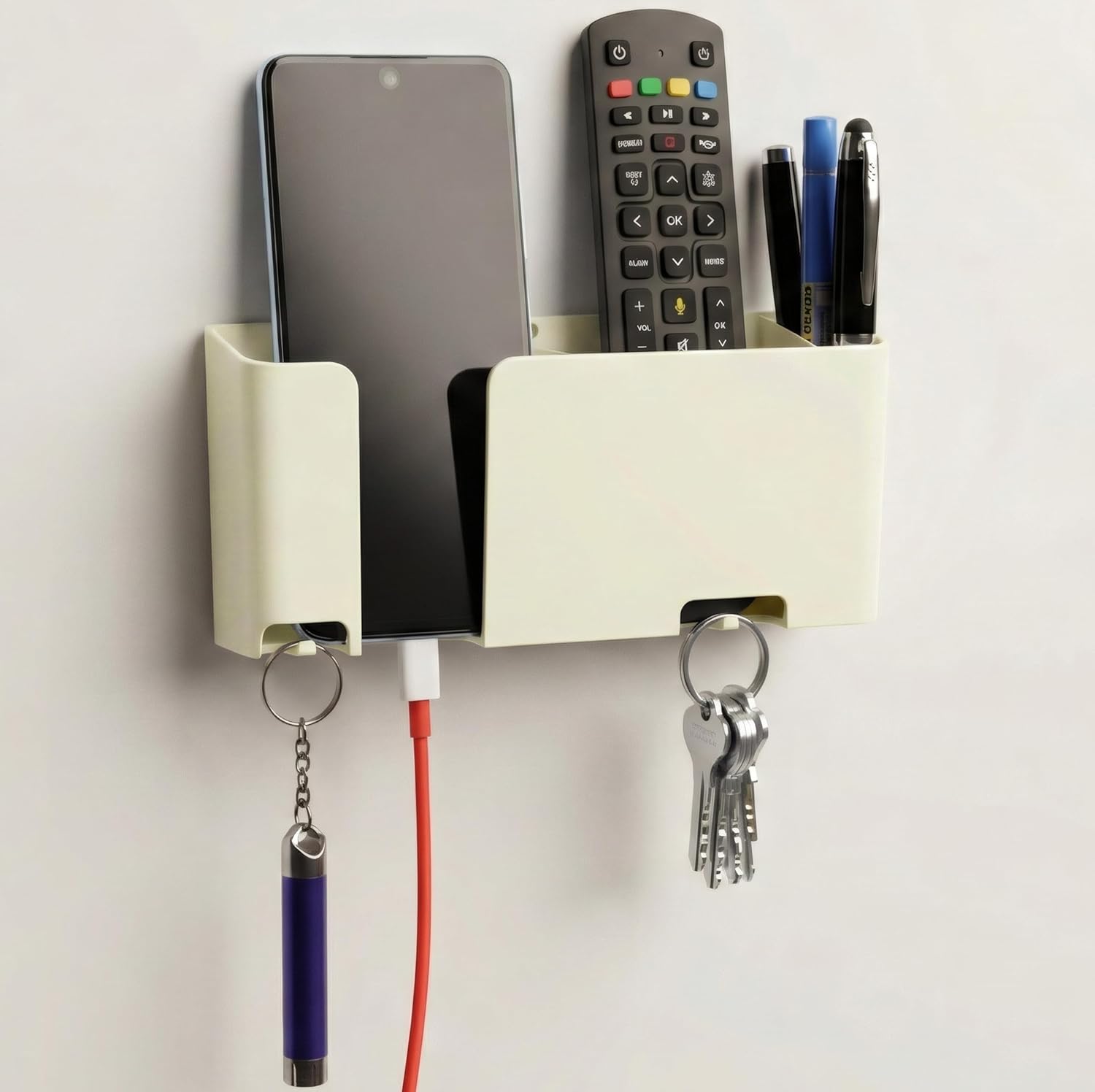 Mobile & Remote Wall Holder | ABS Wall Mount Stand with 3 Compartments for Phone, Remotes & Pens | 2 Key Hooks | No-Drill Mount with Strong Double-Sided Sticker | Space Saving Organizer