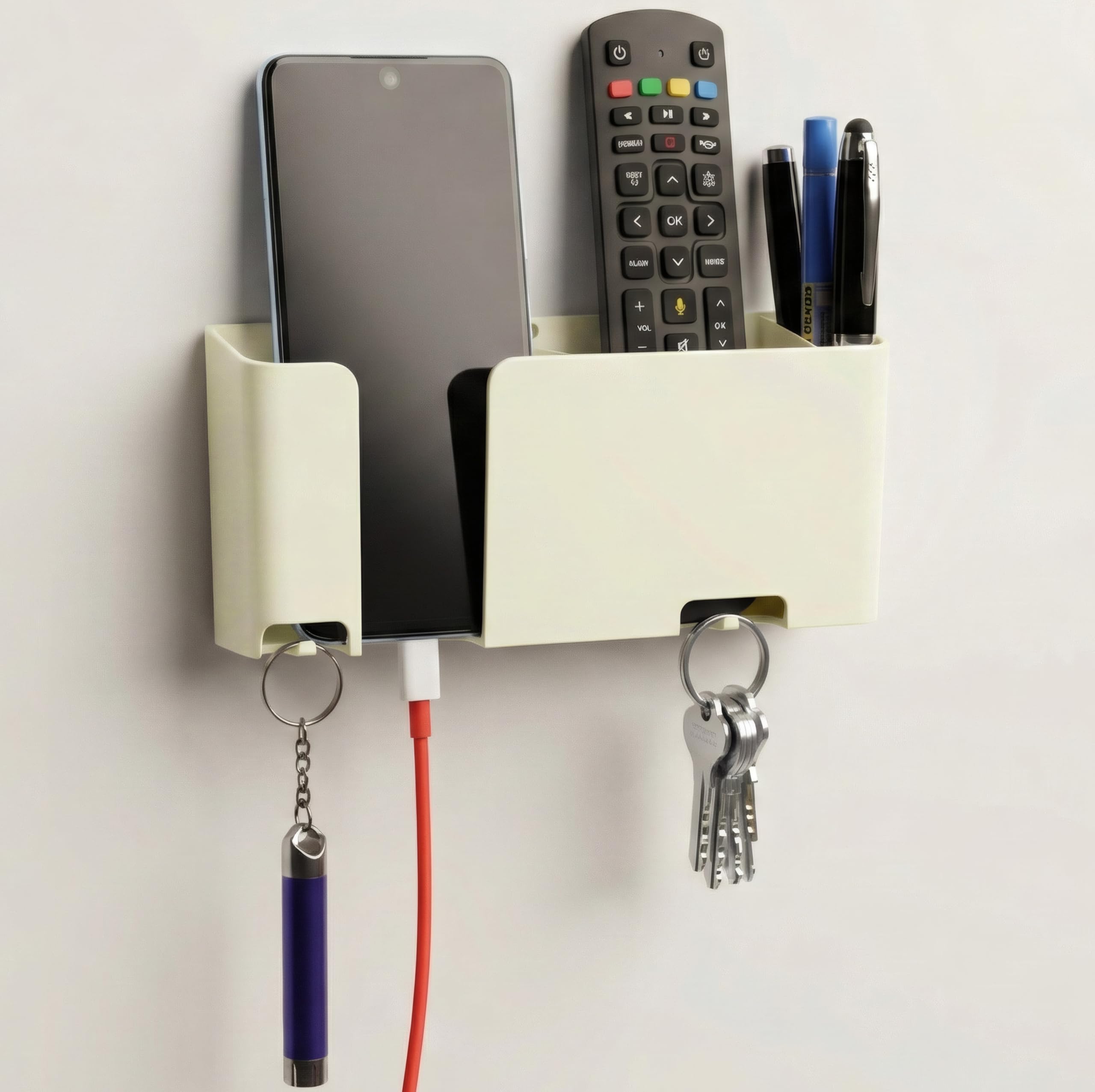 Mobile & Remote Wall Holder | ABS Wall Mount Stand with 3 Compartments for Phone, Remotes & Pens | 2 Key Hooks | No-Drill Mount with Strong Double-Sided Sticker | Space Saving Organizer