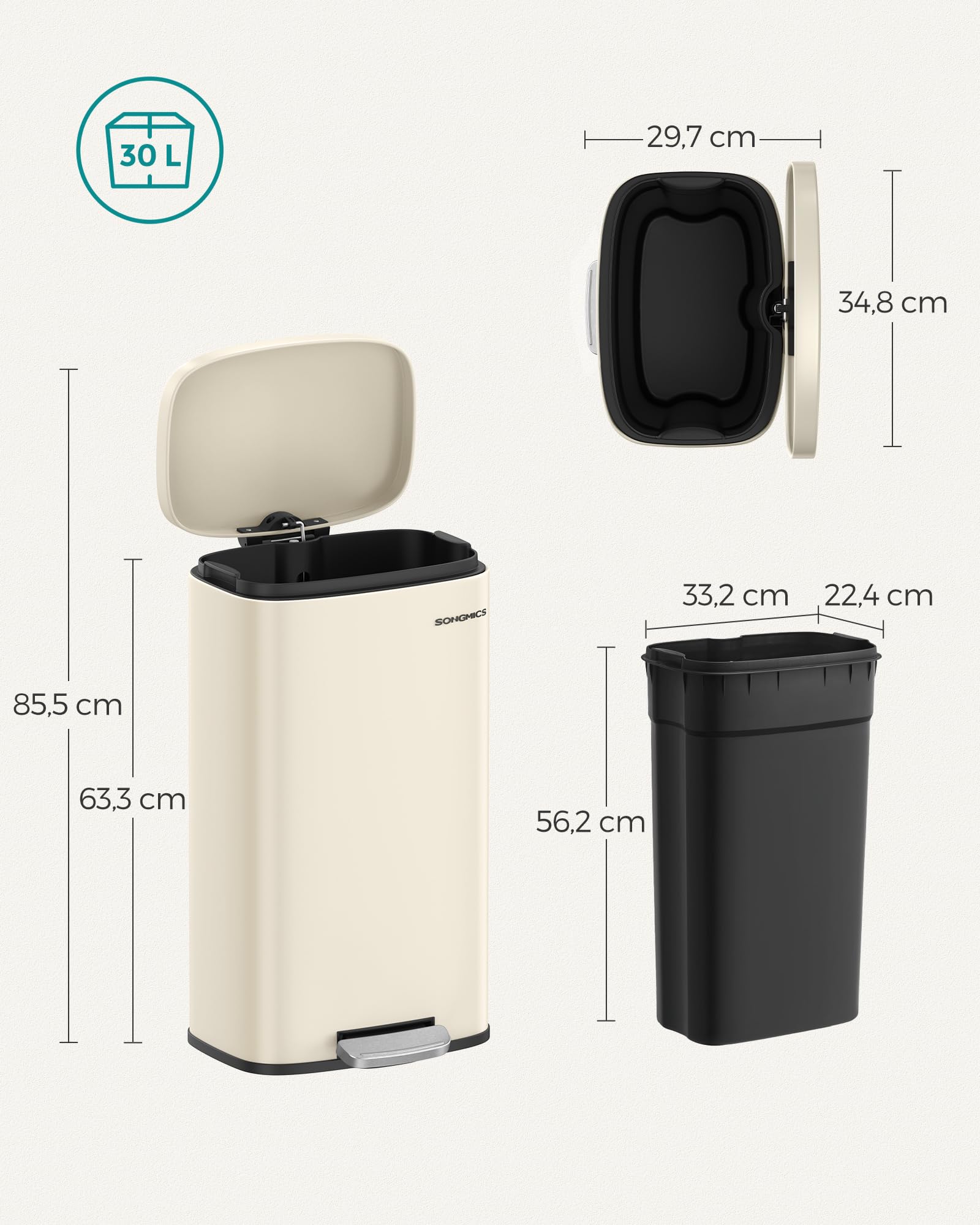 SONGMICS Mülleimer Küche 30 Liter Treteimer Softclose Stahl sandbeige LTB03A02