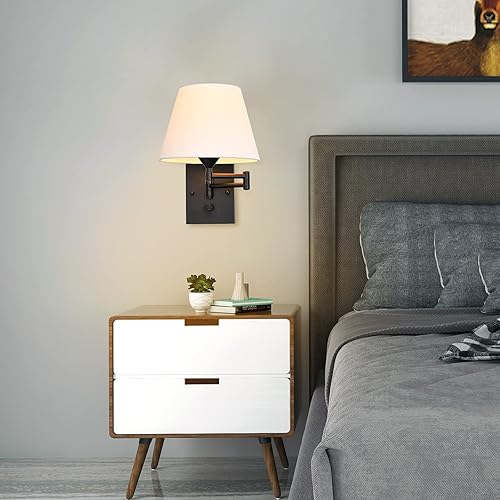 Miniatura 6 de Pauwer Juego de 2 apliques de pared enchufables con brazo oscilante con cable de enchufe y pantalla de tela, accesorios de pared para pasillo,