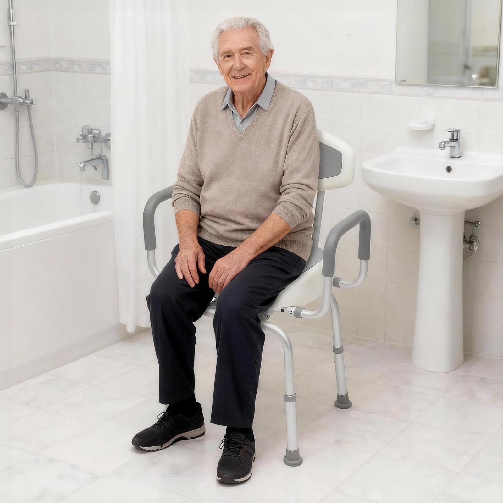 Taburete de ducha con reposabrazos, asiento de ducha giratorio, altura ajustable, silla de ducha para personas mayores, soporta hasta 136 kg