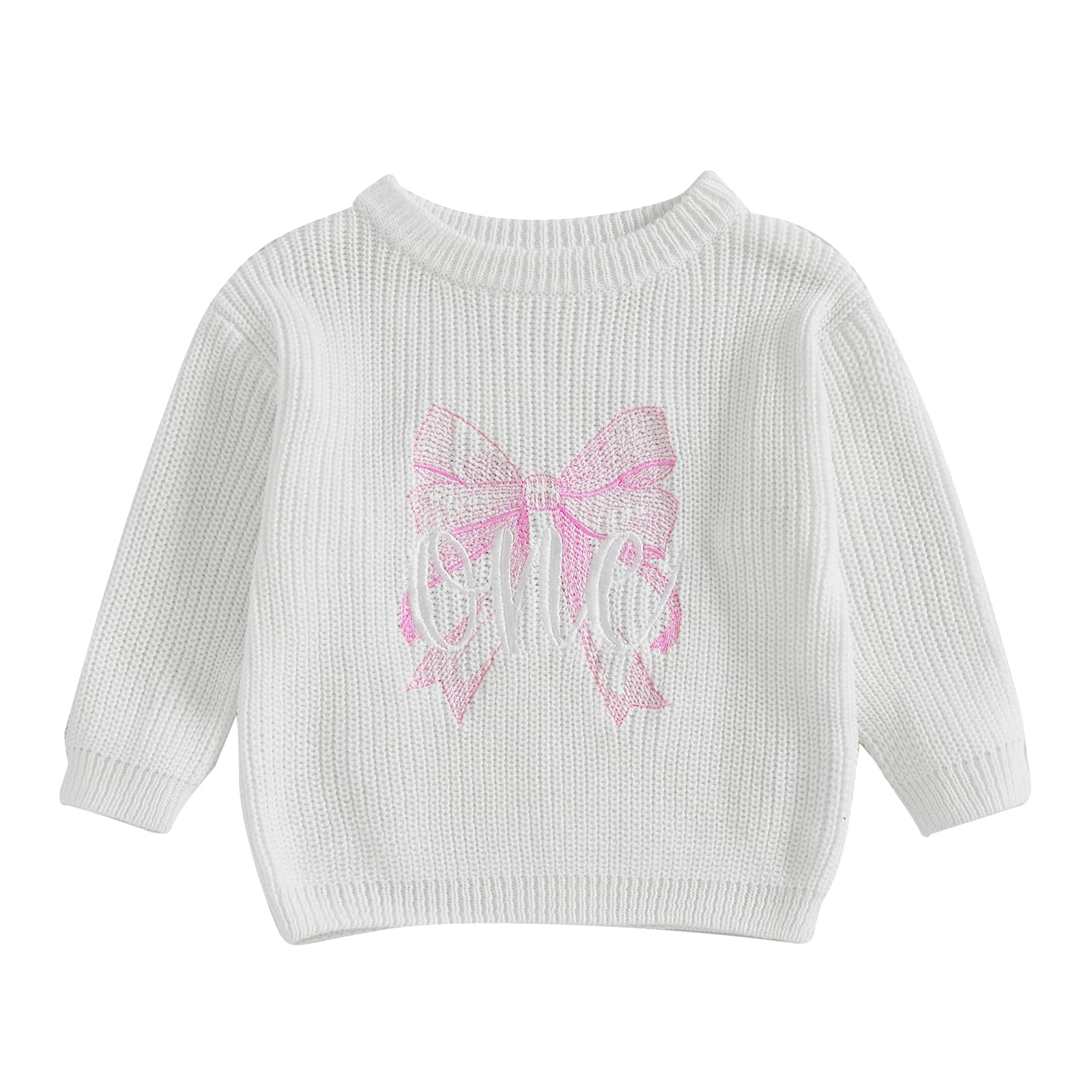 Toddler Baby Girl Knit Sweater One Year Old Sweatshirt Bow Embroidery Long Sleeve Pullover First Birthday Outfit (White, 12-18 Months)