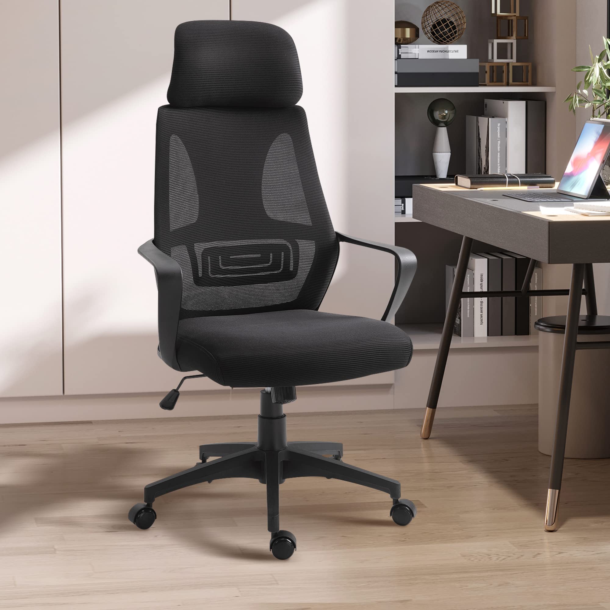 Vinsetto Silla ergonómica respaldo alto con lumbar y reposacabezas negro | Silla de ordenador, silla de malla, ruedas, altura ajustable