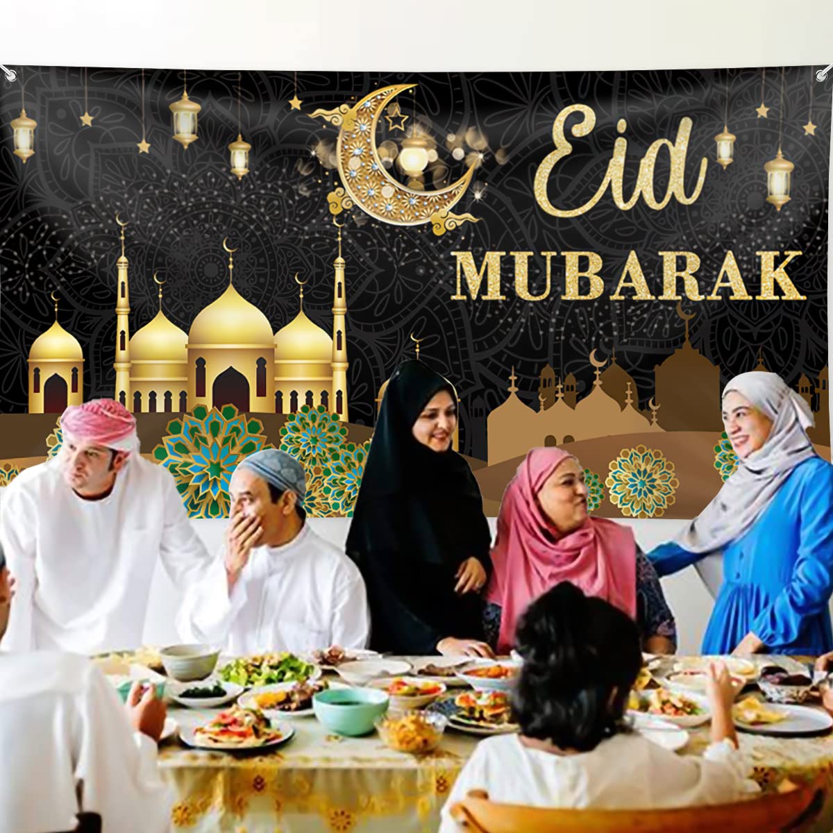 Banner Eid Mubarak Ramadan Kareem 200x110cm - Decoración Fiesta Musulmana Dorado Negro Para Ramadán Y Eid