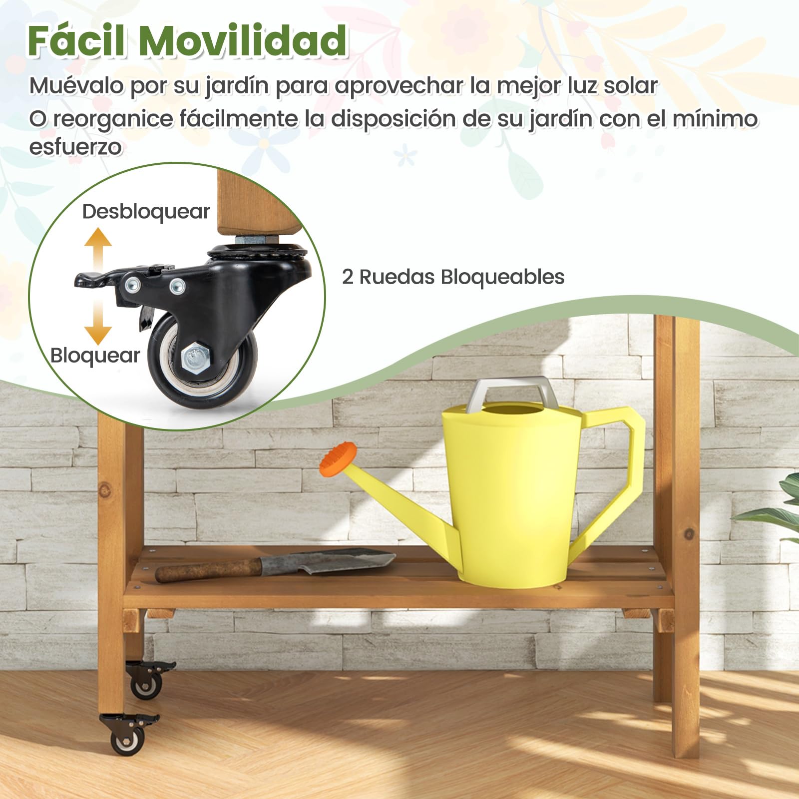 COSTWAY Huerto Urbano Elevado de Madera con Enrejado, Cama de Jardín Elevado Móvil con Ruedas Bloqueables, Forro de Tela, Jardinera de Plantas para Interiores y Exteriores, 90 x 29 x 129 cm