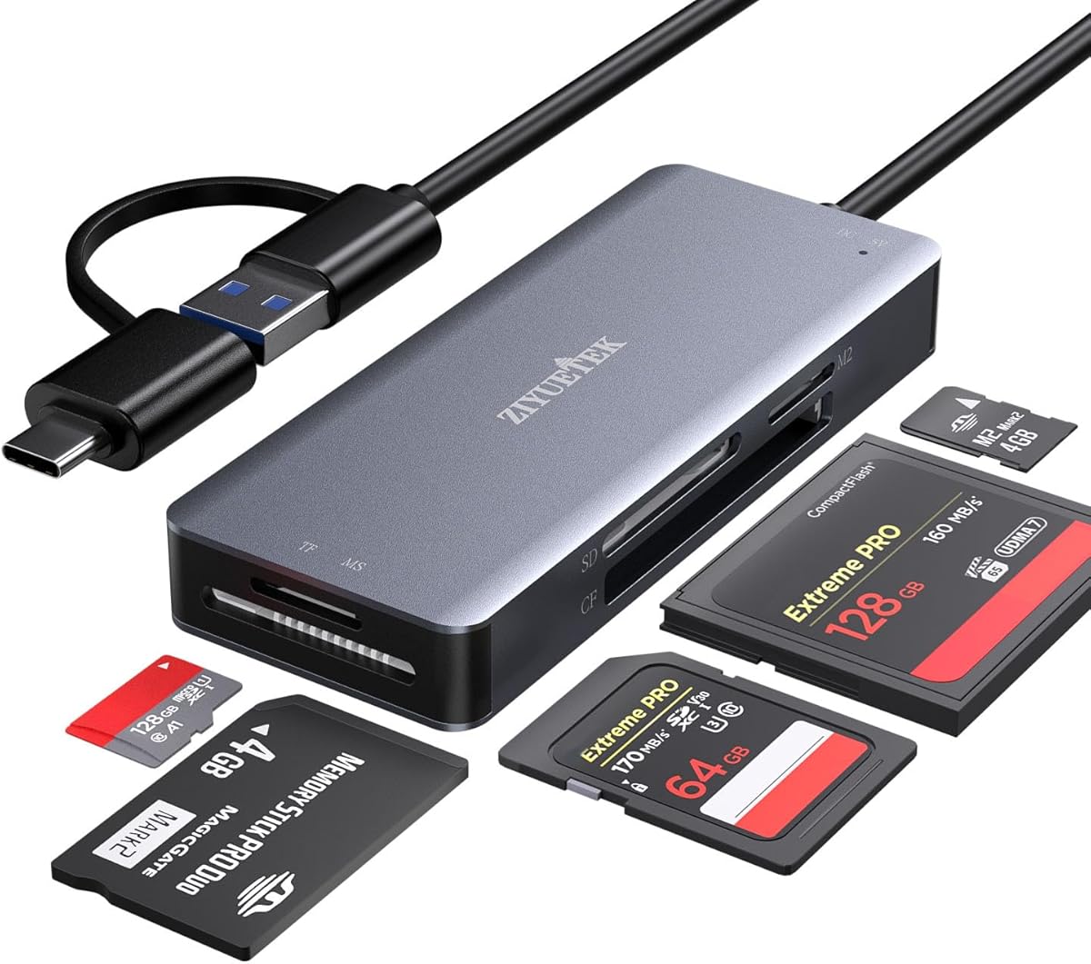 USB C USB3.0 SD Card Reader, 5in1 Multi Card Reader for SD/TF/CF/Micro SD/MS/M2, Drive Free for iPhone 15 pro max/Windows/Mac/Linux/Android (USB3.0 and Type-C)