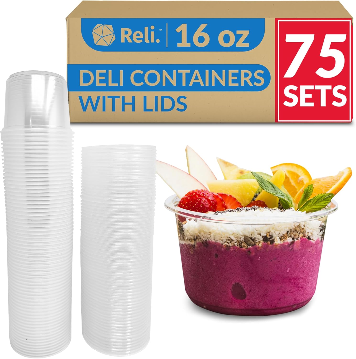 Reli. Deli Containers with Lids (75 Sets), 16 oz Plastic