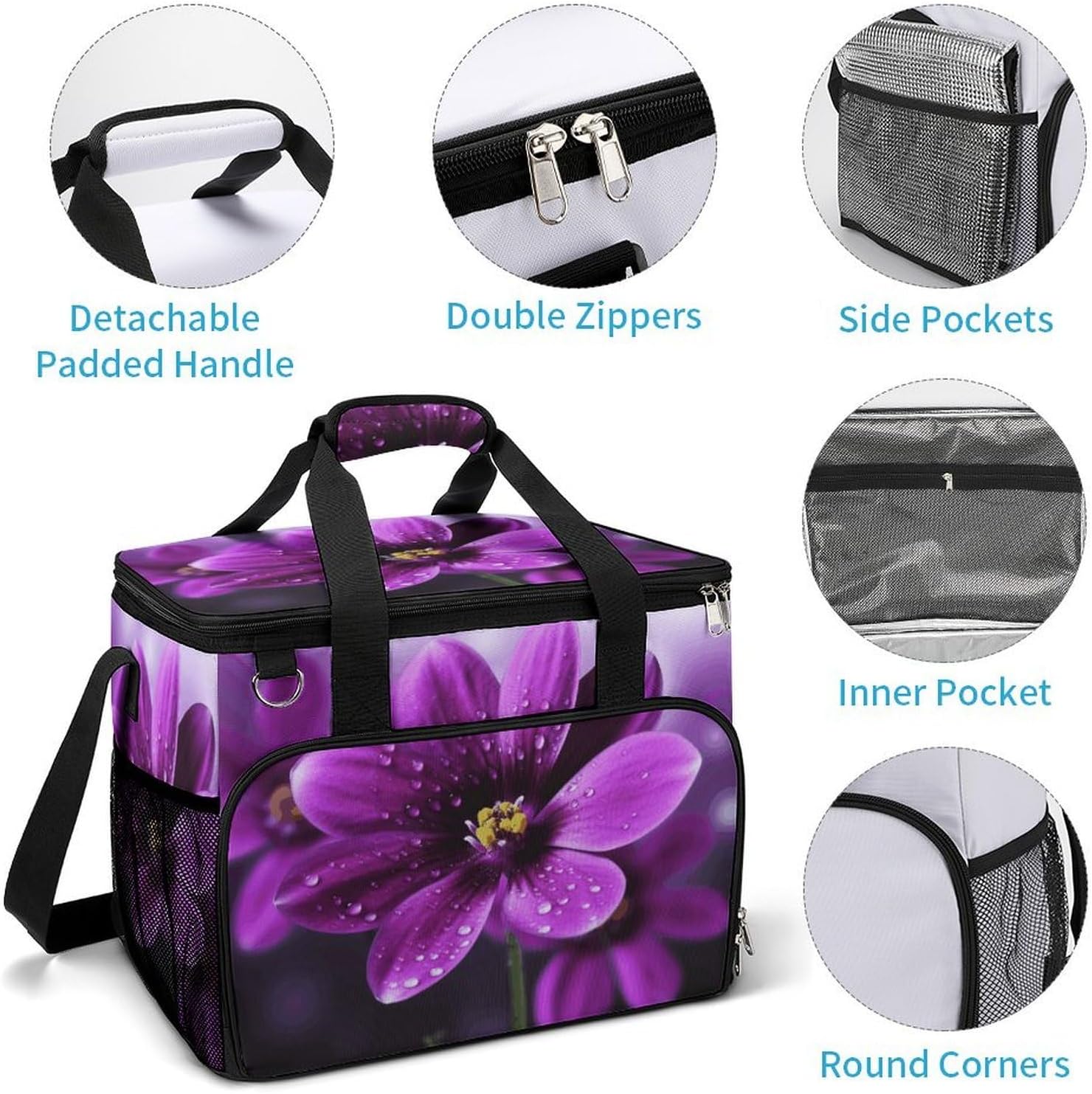 Large Capacity Oxford Cloth Purple Flower Printed Camping Ice Bag, Outdoor Portable Insulation and Cooling Bag, Suitable for Outdoor Camping and Picnics