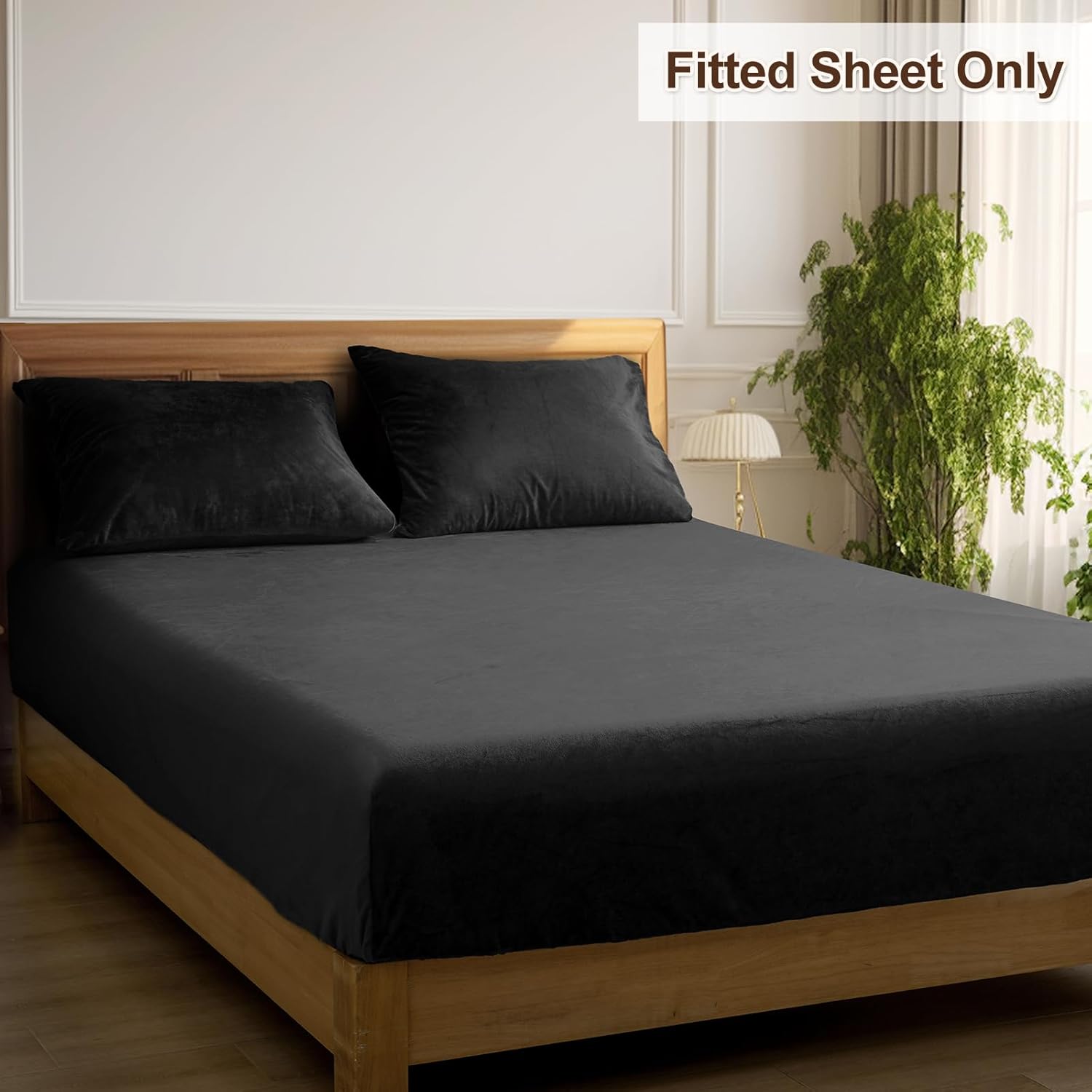PHF Ultra Soft Velvet Fitted Sheet Twin Size, 16" Deep Pocket with Wider Stronger Elastic Band, Easy Fit Easy Care, 1 Pack Cozy Comfy Flannel Bottom Sheet for All Seasons, No Pillowcases, Black