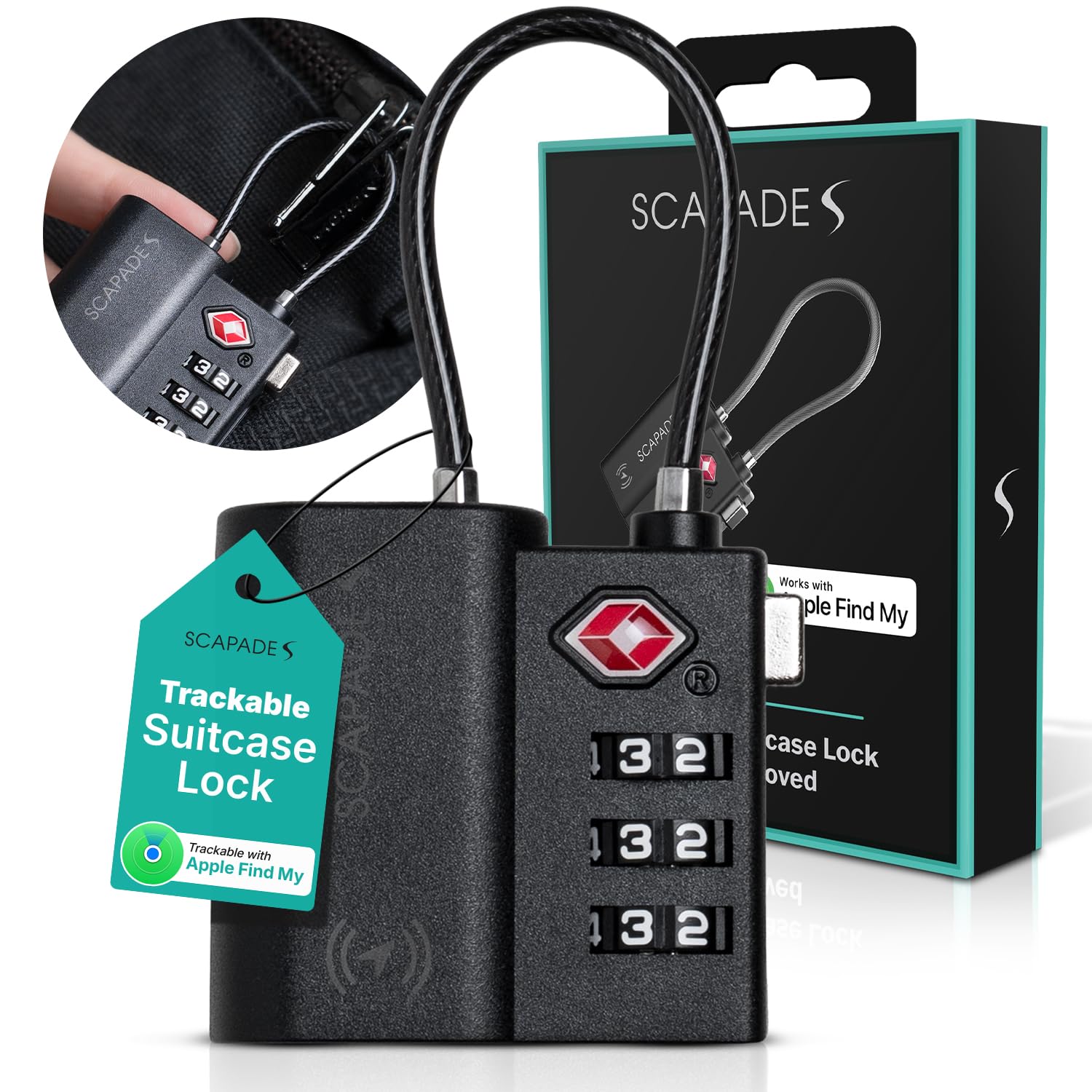 Scapade AirLock – Lucchetto intelligente per valigie approvato TSA con Apple Find My Tracking, batteria ricaricabile USB-C, lucchetto da viaggio ultra resistente per bagaglio a mano e bagaglio
