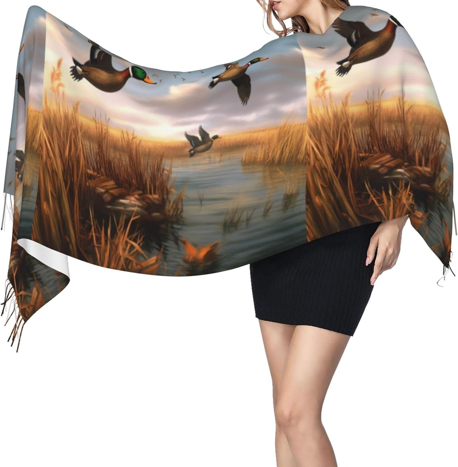(Hunting Flying Wild Ducks) Women's Soft Warm Scarf Large Plush Shawl Wrap with Fringe Fashion Winter Scarves for Cold Weather