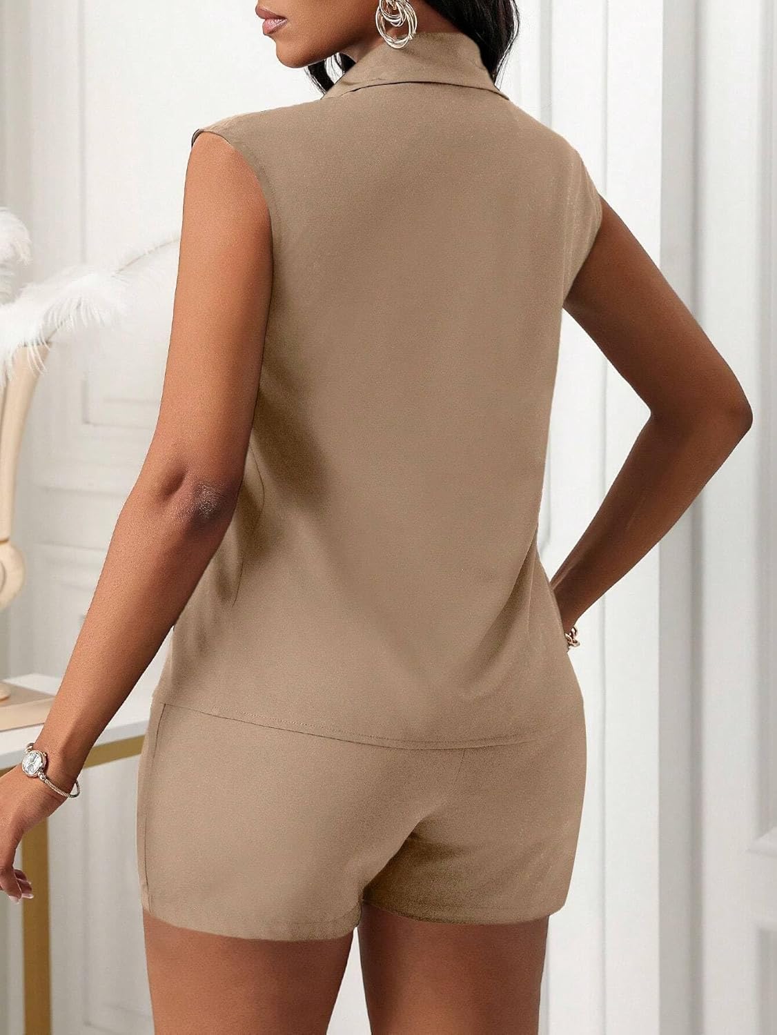 Women's Casual 2-Piece Summer Set Sleeveless Button Front Blouse Drawstring Waist Shorts