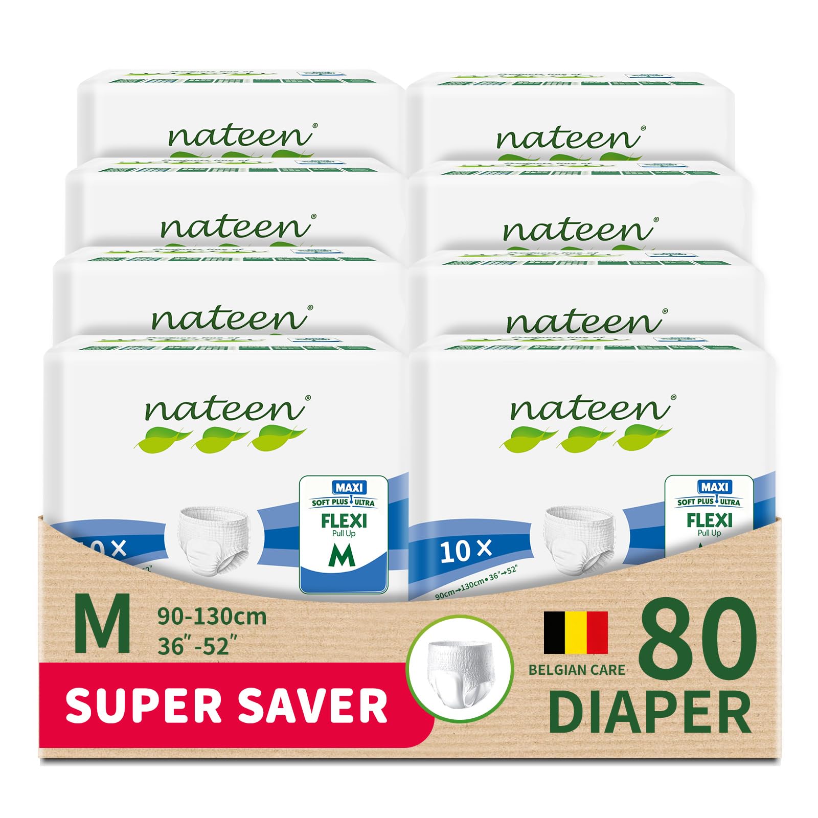 Nateen Flexi Maxi Adult Diapers Pants,Incontinence Night Time Pull Up,Medium,Waist Size 90-130cm,80 Count Adult Pull Ups,Superior Comfort,Excellent Combination of Protection. (80 Count)