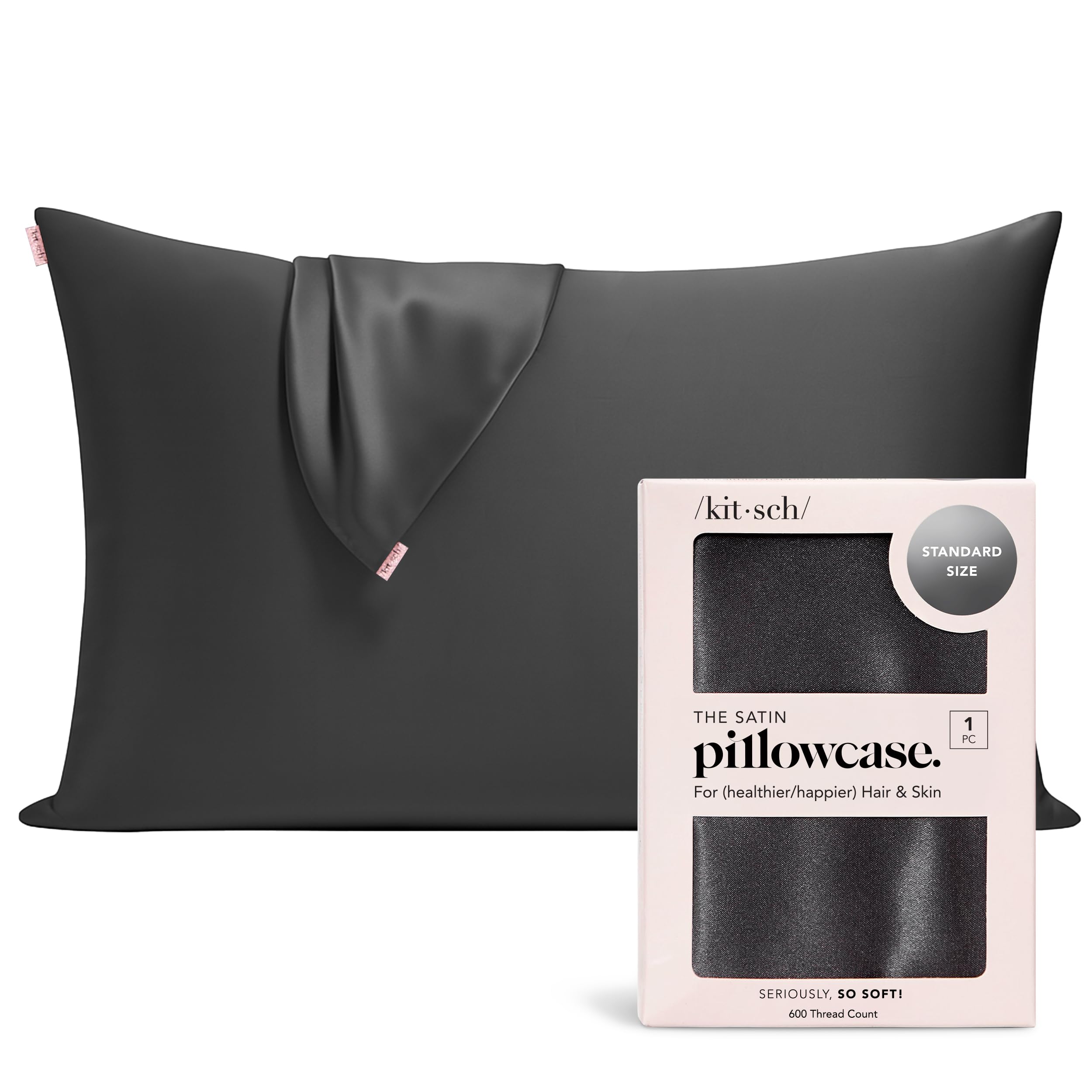 Kitsch Satin Pillowcase with Zipper for Hair & Skin, Softer Than Silk Pillow Cases Queen, Wrinkle-Free, Smooth and Cooling Satin Pillow Covers, Standard Size 19"x26" - Charcoal